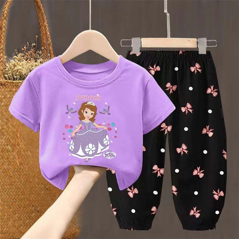 D-baby 2Pcs 1-7Y Girls Clothes Sofia Printing Top And trousers Kids Summer Wear Kids Suits