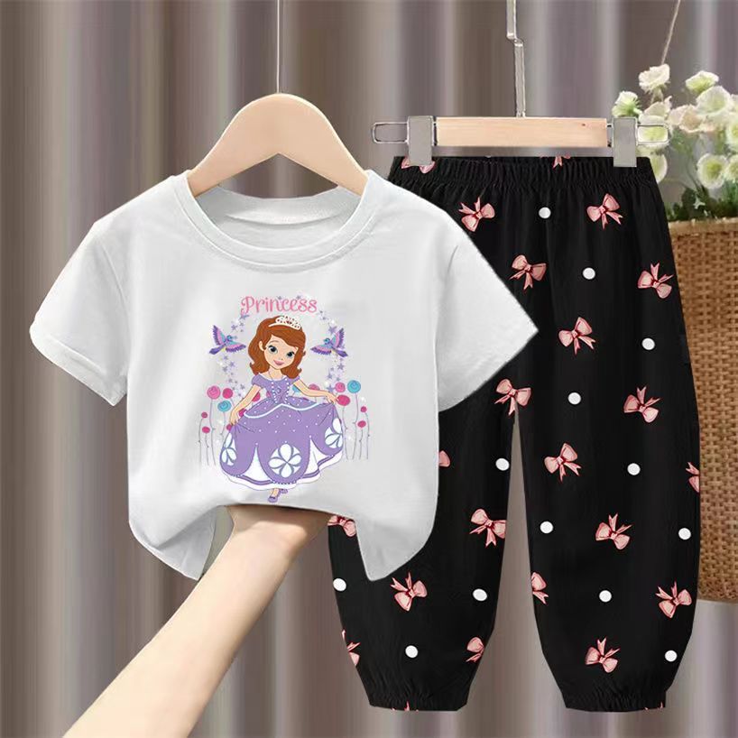 D-baby 2Pcs 1-7Y Girls Clothes Sofia Printing Top And trousers Kids Summer Wear Kids Suits