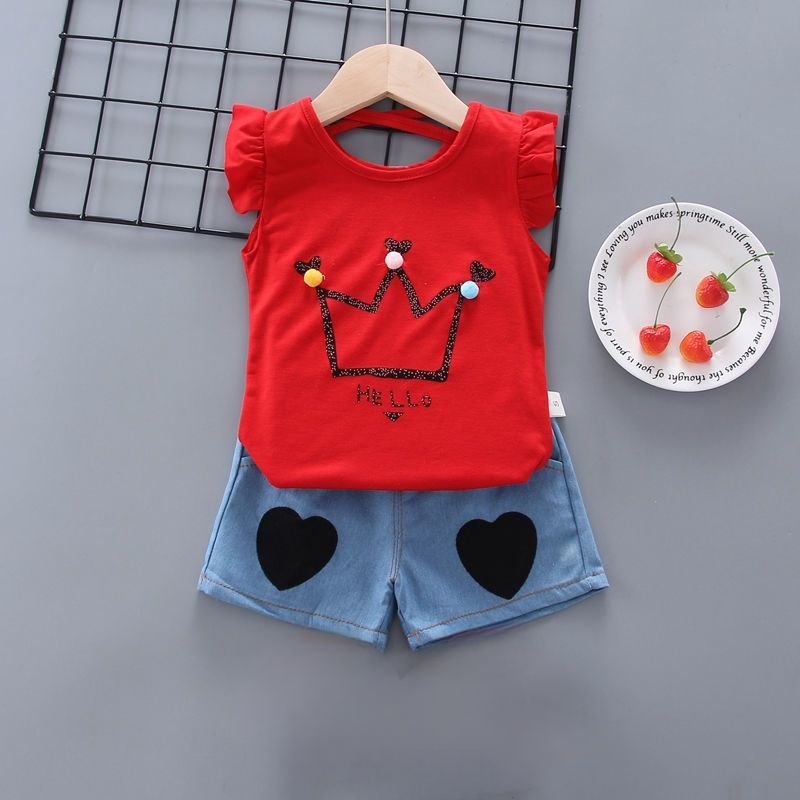 D-baby summer new girls short sleeve Ruffled top+Love printing shorts  two-piece baby sweet suit
