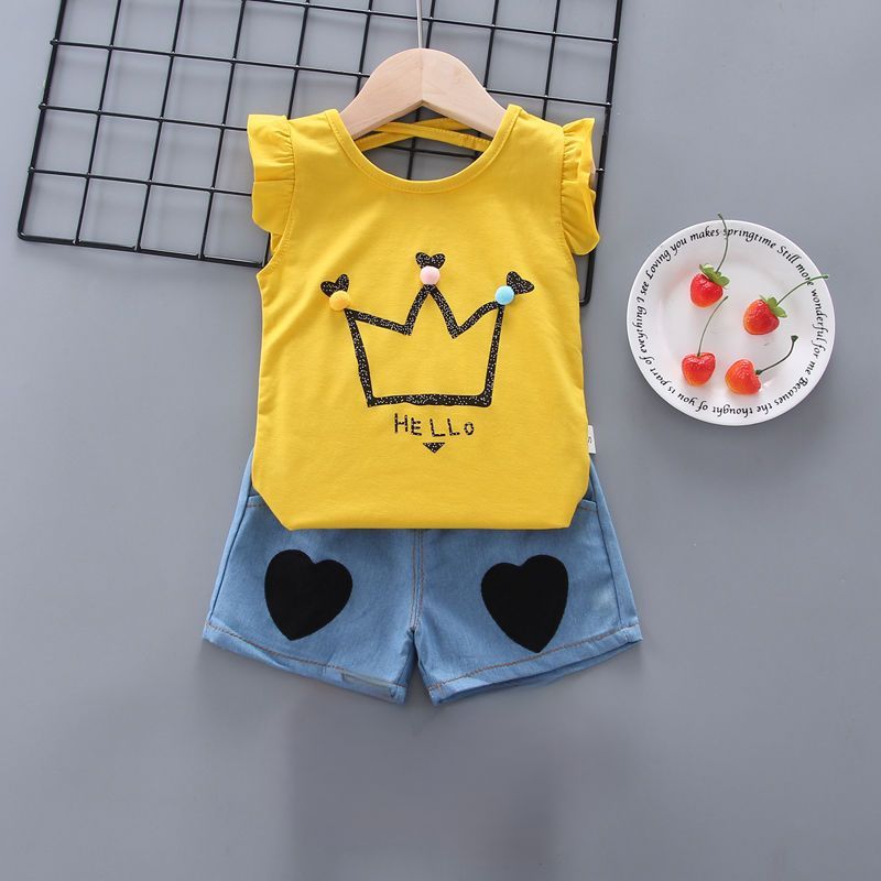D-baby summer new girls short sleeve Ruffled top+Love printing shorts  two-piece baby sweet suit
