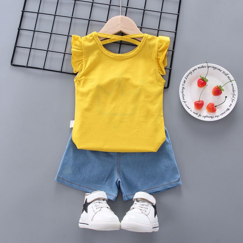 D-baby summer new girls short sleeve Ruffled top+Love printing shorts  two-piece baby sweet suit