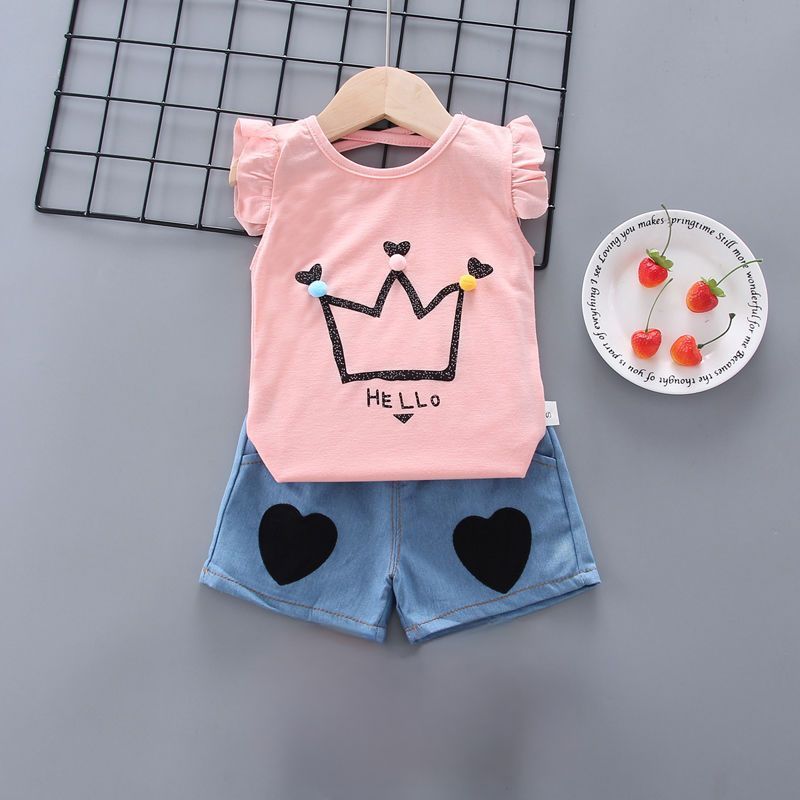 D-baby summer new girls short sleeve Ruffled top+Love printing shorts  two-piece baby sweet suit