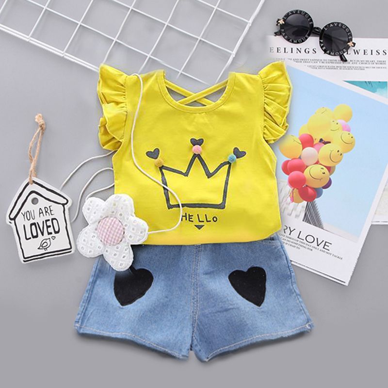 D-baby summer new girls short sleeve Ruffled top+Love printing shorts  two-piece baby sweet suit