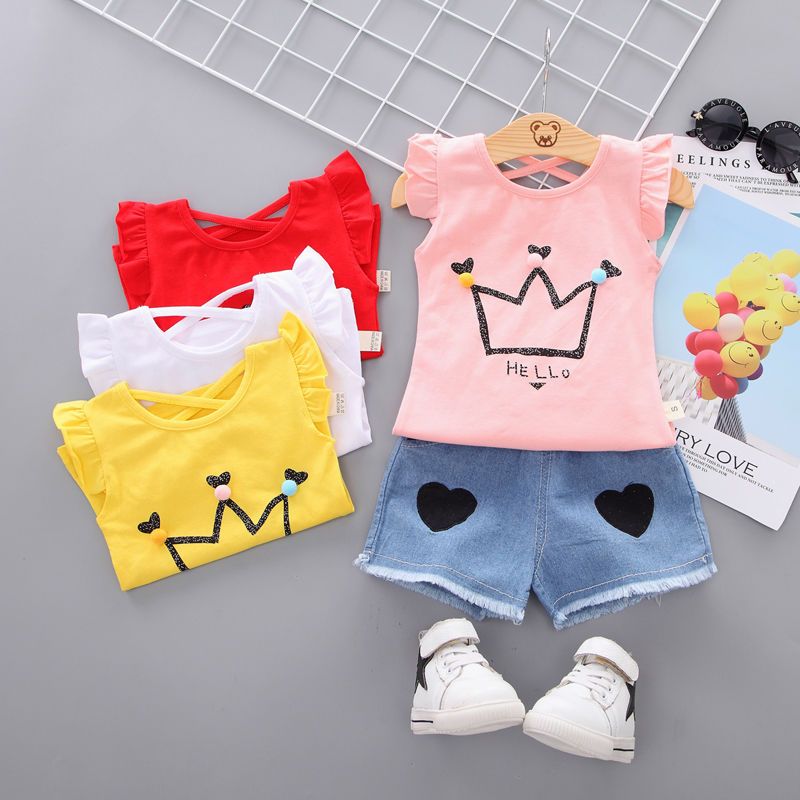 D-baby summer new girls short sleeve Ruffled top+Love printing shorts  two-piece baby sweet suit