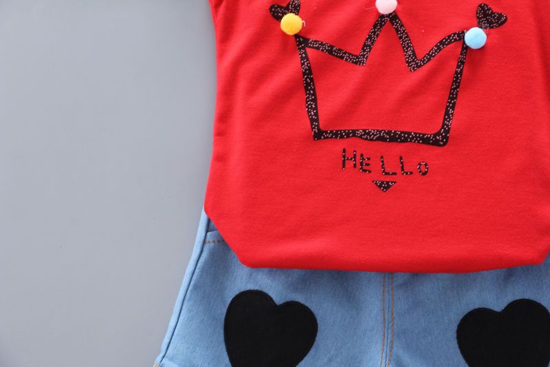 D-baby summer new girls short sleeve Ruffled top+Love printing shorts  two-piece baby sweet suit