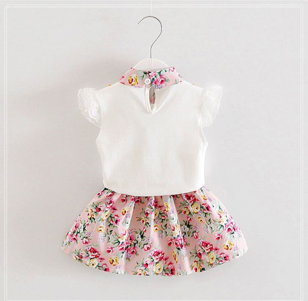 D-baby 0-4y summer new girls short sleeve Ruffled top+Flower print skirt two-piece baby sweet suit