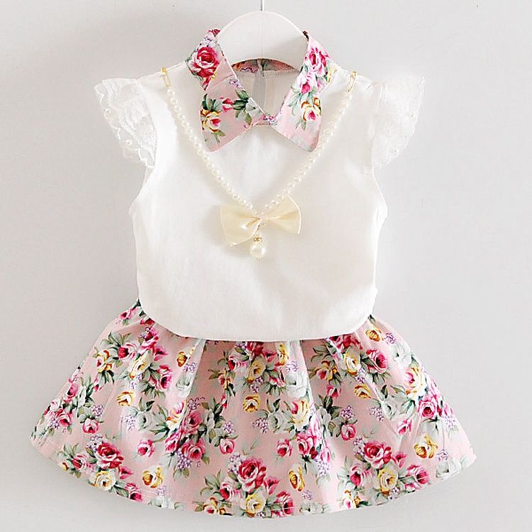 D-baby 0-4y summer new girls short sleeve Ruffled top+Flower print skirt two-piece baby sweet suit