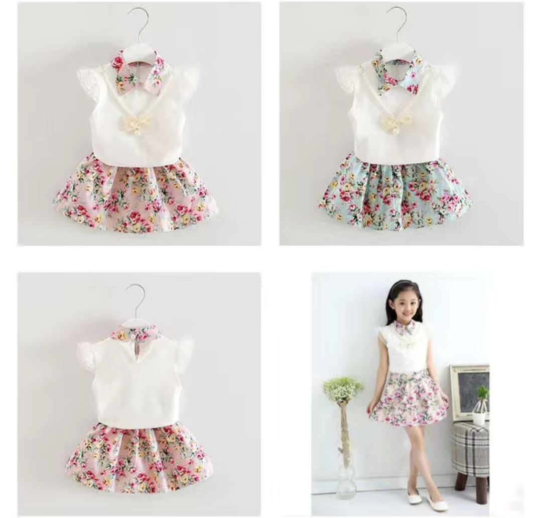D-baby 0-4y summer new girls short sleeve Ruffled top+Flower print skirt two-piece baby sweet suit