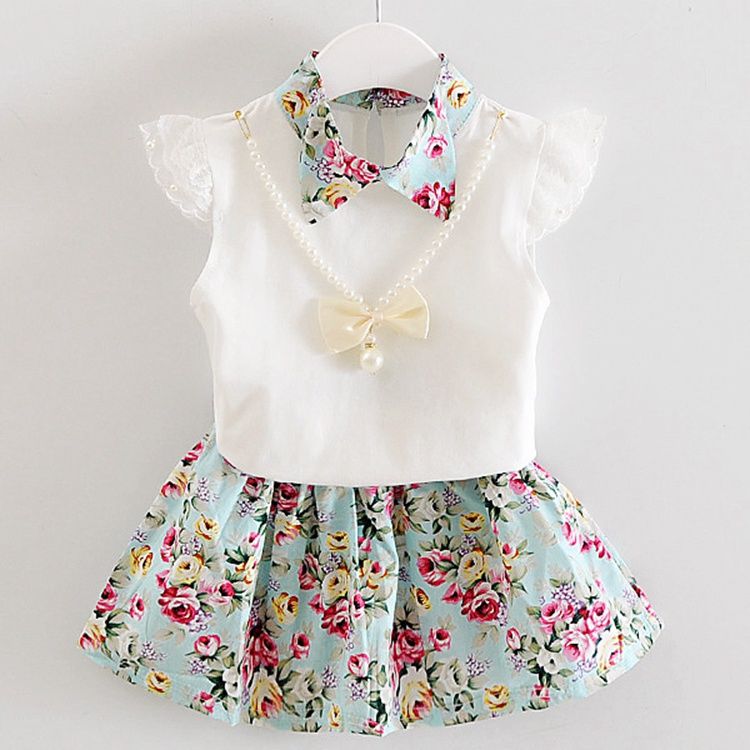 D-baby 0-4y summer new girls short sleeve Ruffled top+Flower print skirt two-piece baby sweet suit
