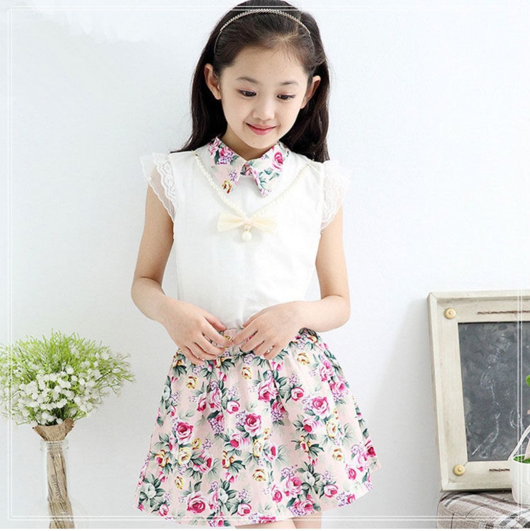 D-baby 0-4y summer new girls short sleeve Ruffled top+Flower print skirt two-piece baby sweet suit