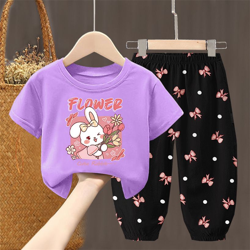 D-baby 2Pcs 1-7Y Girls Clothes Elsa /rabbit Printing Top And trousers Kids Summer Wear Kids Suits
