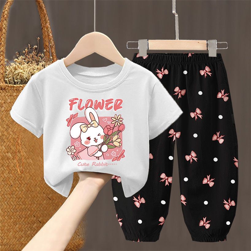 D-baby 2Pcs 1-7Y Girls Clothes Elsa /rabbit Printing Top And trousers Kids Summer Wear Kids Suits