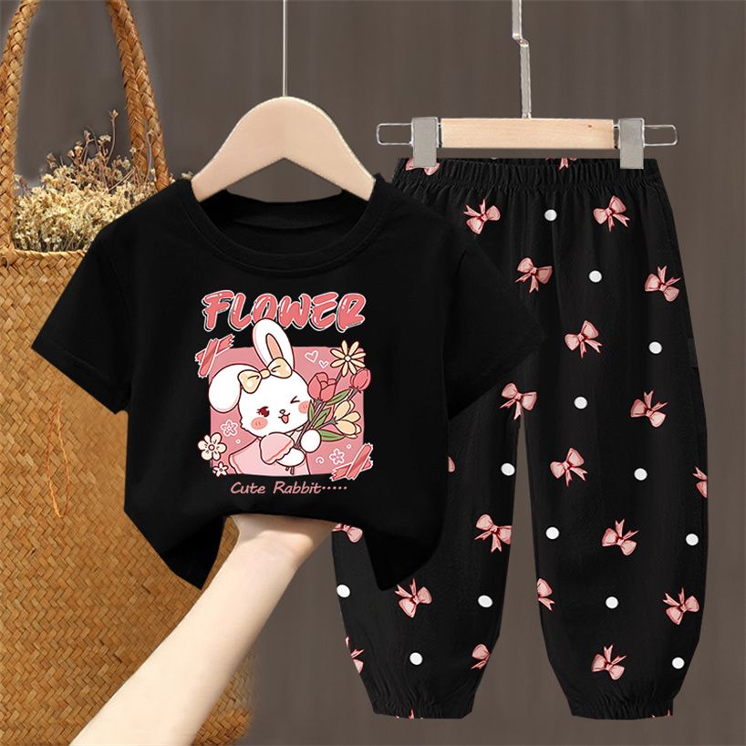 D-baby 2Pcs 1-7Y Girls Clothes Elsa /rabbit Printing Top And trousers Kids Summer Wear Kids Suits