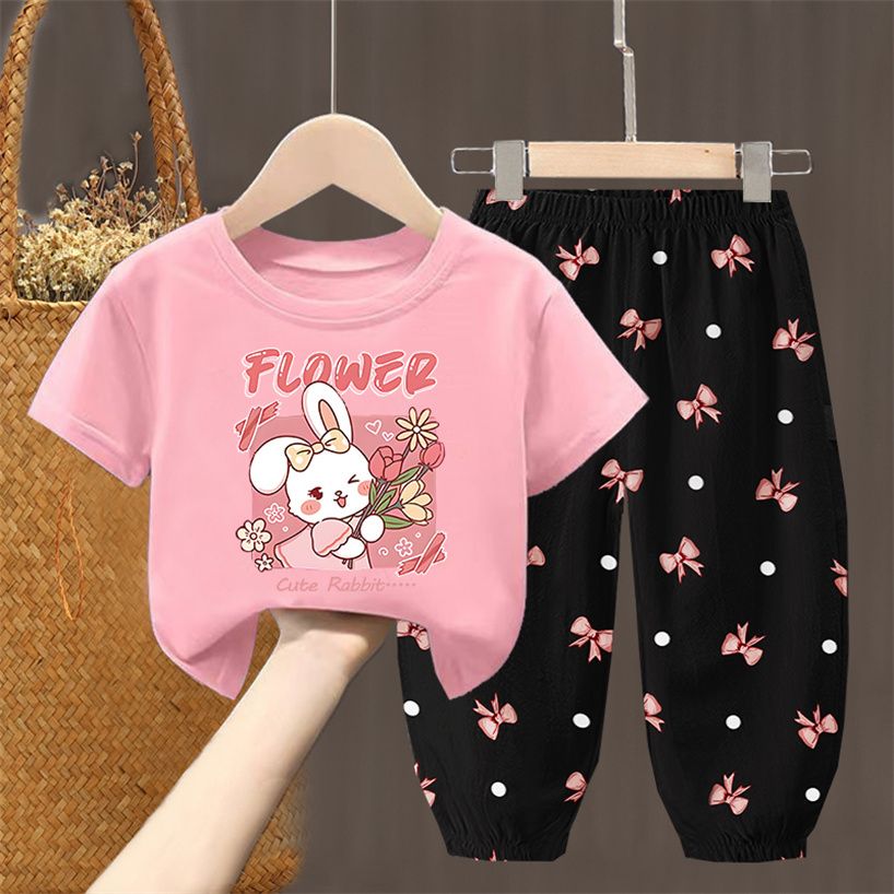 D-baby 2Pcs 1-7Y Girls Clothes Elsa /rabbit Printing Top And trousers Kids Summer Wear Kids Suits