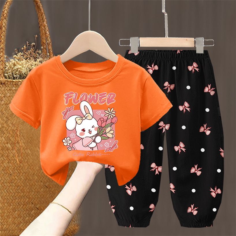 D-baby 2Pcs 1-7Y Girls Clothes Elsa /rabbit Printing Top And trousers Kids Summer Wear Kids Suits