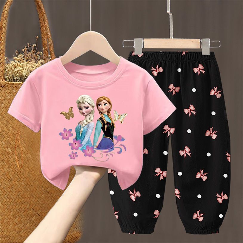 D-baby 2Pcs 1-7Y Girls Clothes Elsa /rabbit Printing Top And trousers Kids Summer Wear Kids Suits