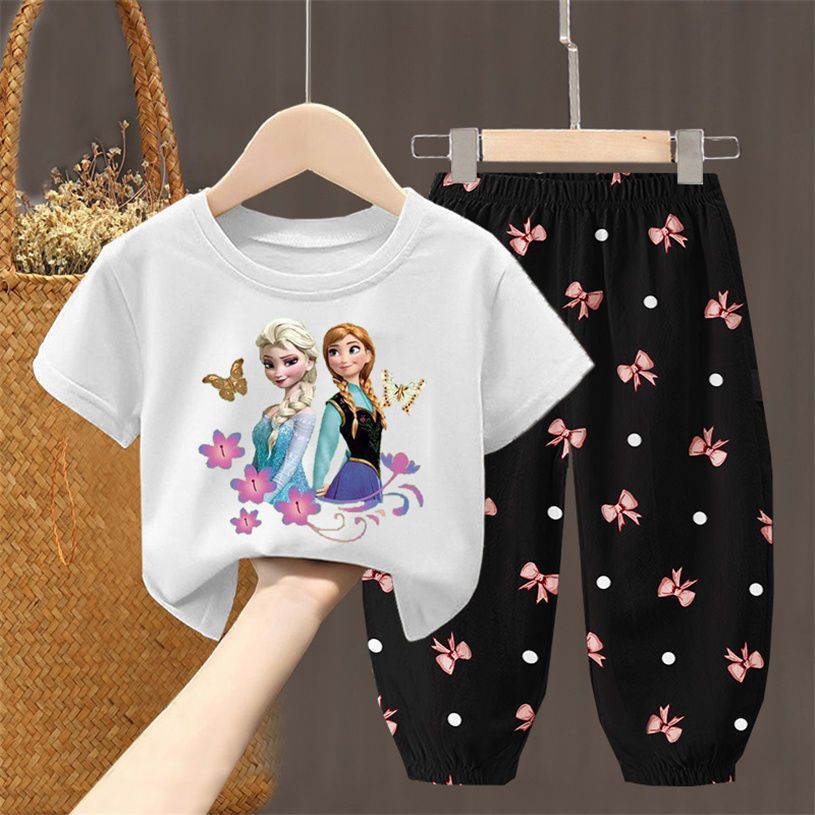 D-baby 2Pcs 1-7Y Girls Clothes Elsa /rabbit Printing Top And trousers Kids Summer Wear Kids Suits