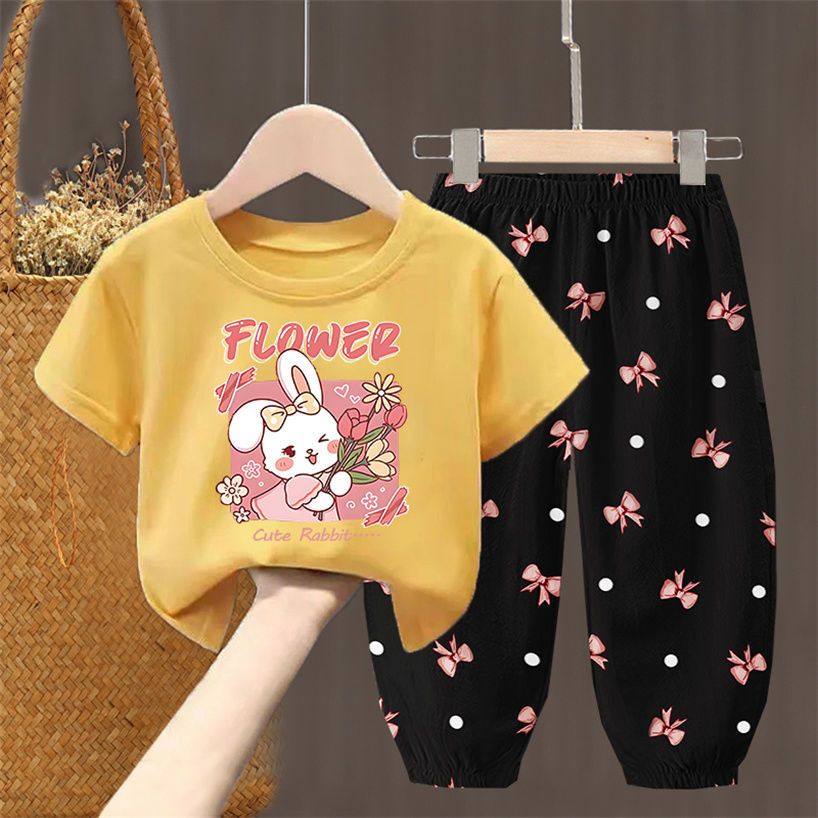 D-baby 2Pcs 1-7Y Girls Clothes Elsa /rabbit Printing Top And trousers Kids Summer Wear Kids Suits