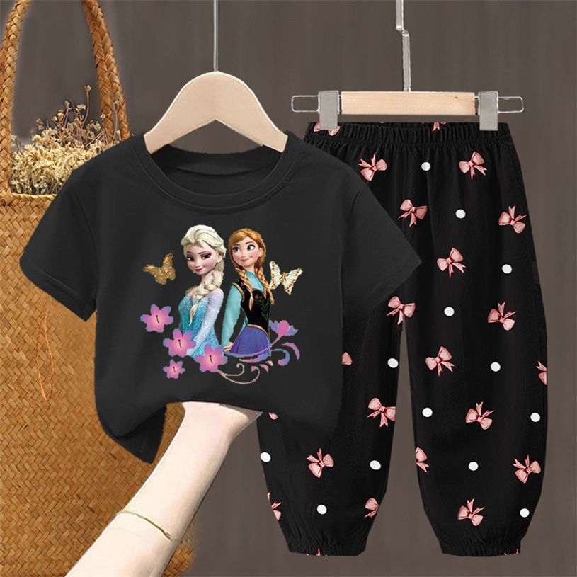D-baby 2Pcs 1-7Y Girls Clothes Elsa /rabbit Printing Top And trousers Kids Summer Wear Kids Suits