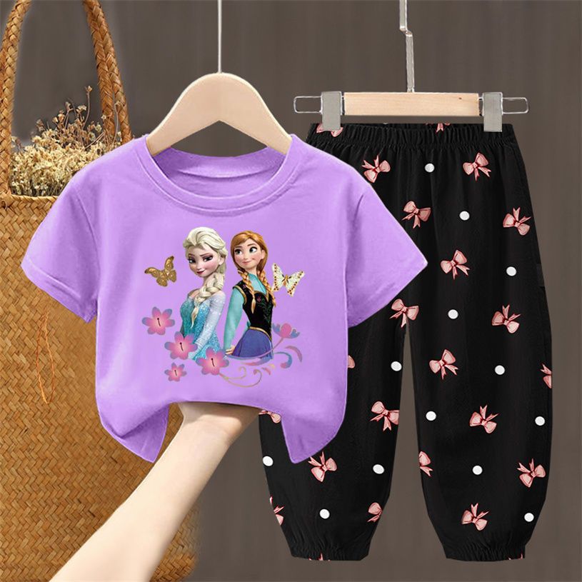 D-baby 2Pcs 1-7Y Girls Clothes Elsa /rabbit Printing Top And trousers Kids Summer Wear Kids Suits