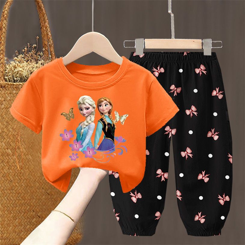 D-baby 2Pcs 1-7Y Girls Clothes Elsa /rabbit Printing Top And trousers Kids Summer Wear Kids Suits