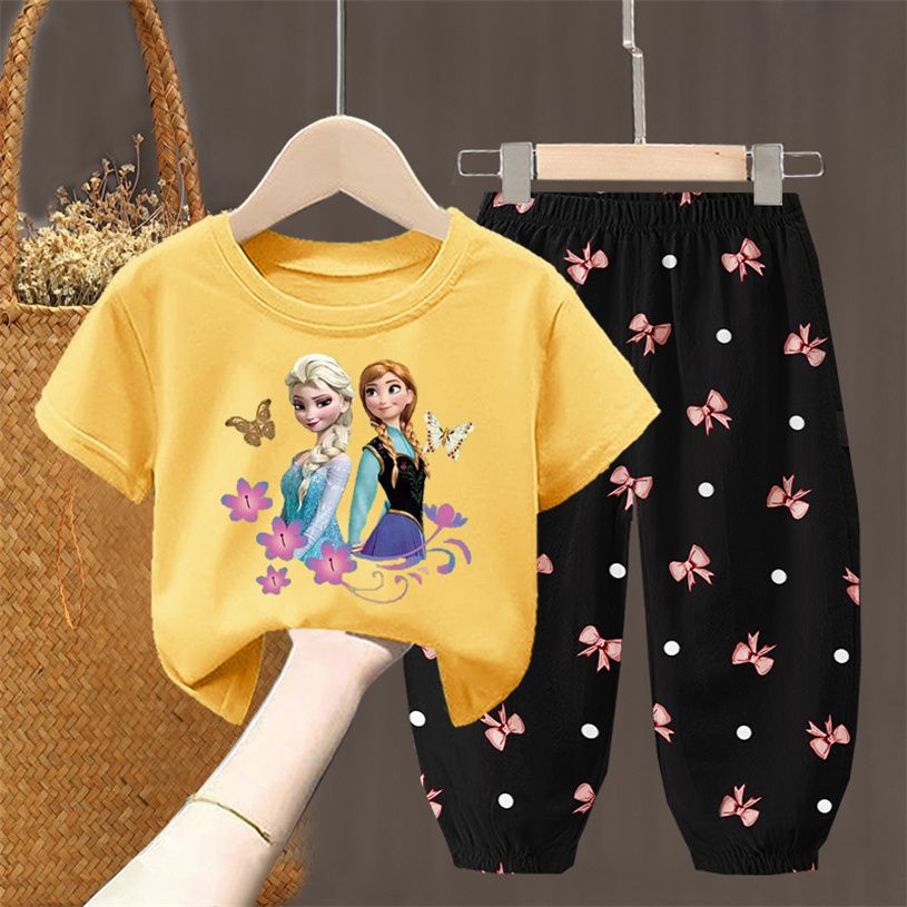 D-baby 2Pcs 1-7Y Girls Clothes Elsa /rabbit Printing Top And trousers Kids Summer Wear Kids Suits
