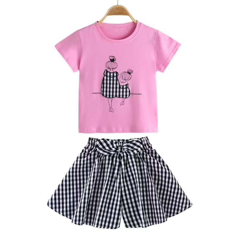 D-baby 3-10Y Girls suit  Kids Clothes White top+Gingham shorts 2Pcs Girls fashion set