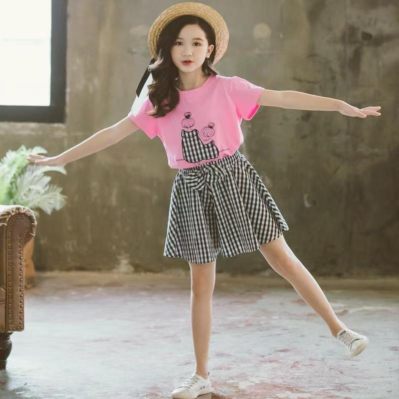 D-baby 3-10Y Girls suit  Kids Clothes White top+Gingham shorts 2Pcs Girls fashion set