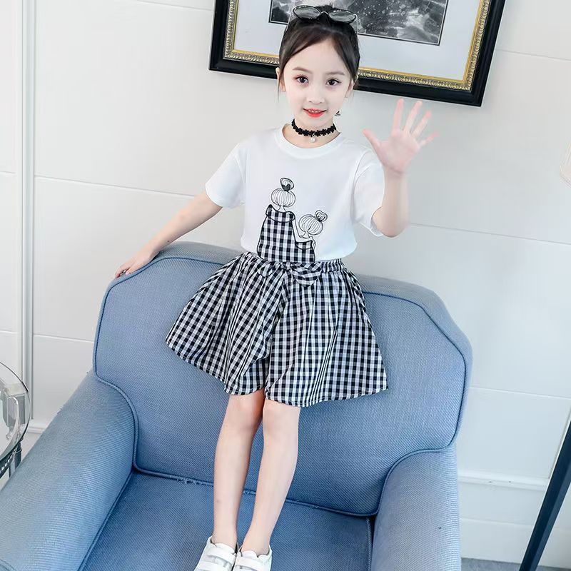 D-baby 3-10Y Girls suit  Kids Clothes White top+Gingham shorts 2Pcs Girls fashion set