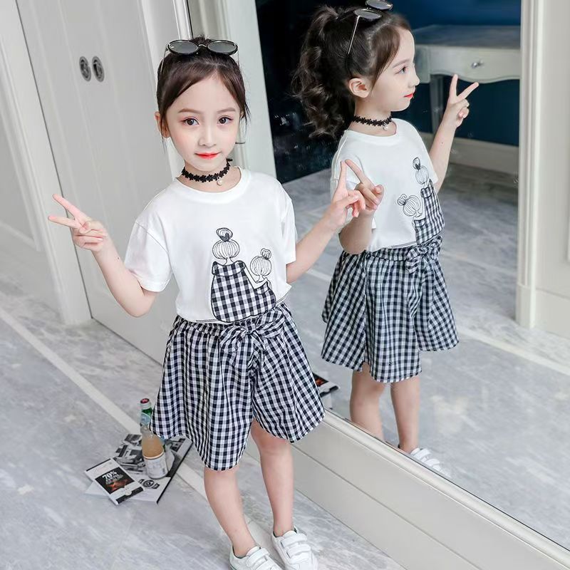 D-baby 3-10Y Girls suit  Kids Clothes White top+Gingham shorts 2Pcs Girls fashion set
