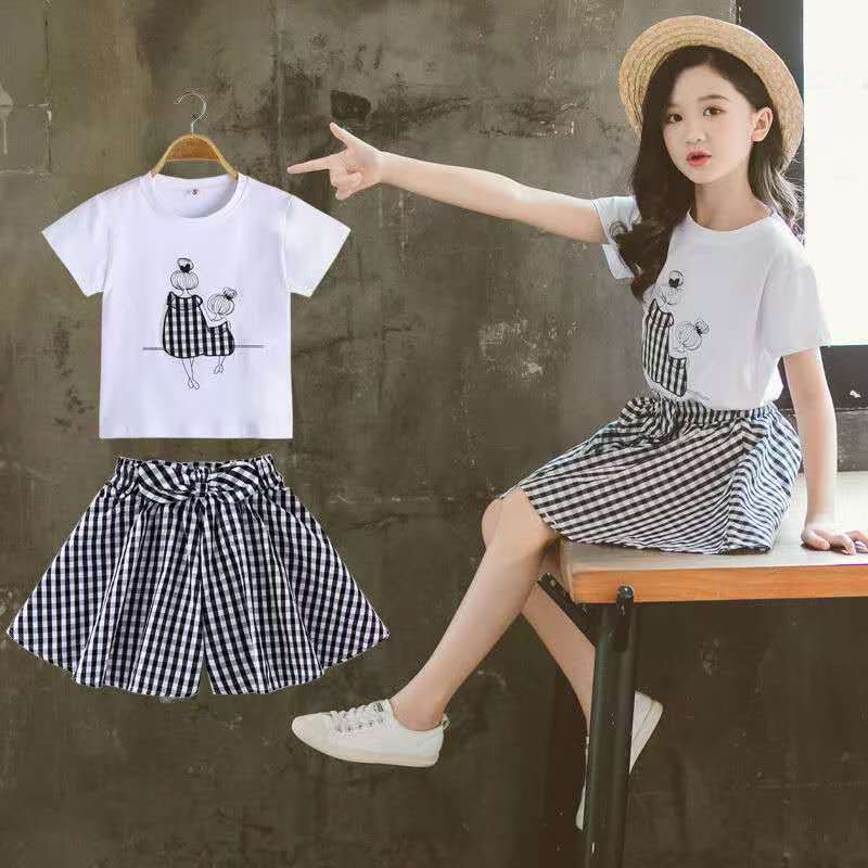 D-baby 3-10Y Girls suit  Kids Clothes White top+Gingham shorts 2Pcs Girls fashion set