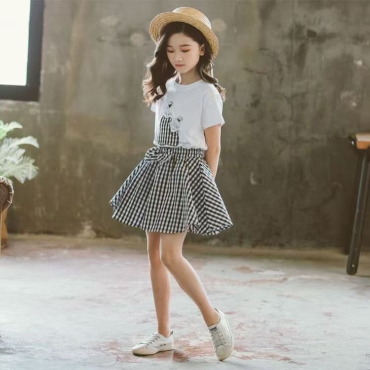 D-baby 3-10Y Girls suit  Kids Clothes White top+Gingham shorts 2Pcs Girls fashion set
