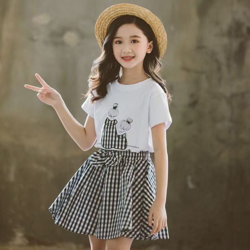 D-baby 3-10Y Girls suit  Kids Clothes White top+Gingham shorts 2Pcs Girls fashion set