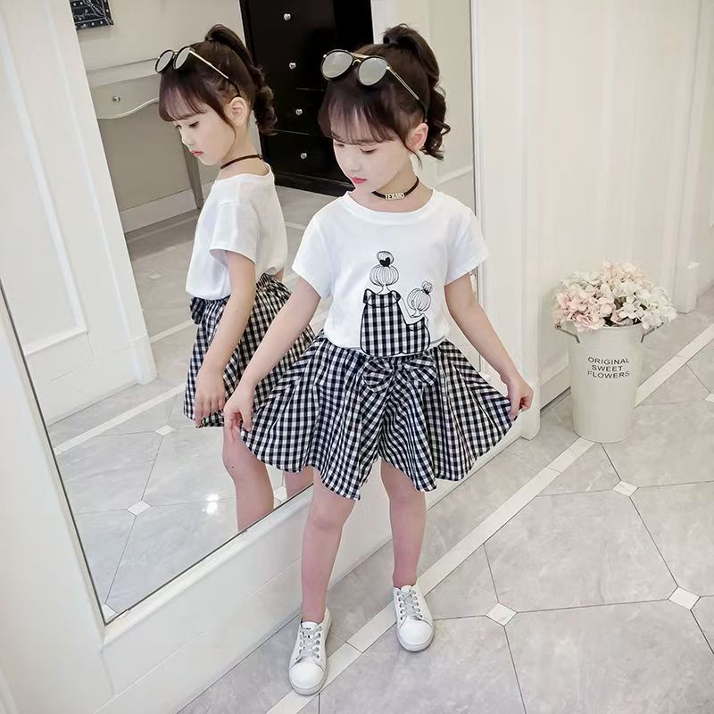 D-baby 3-10Y Girls suit  Kids Clothes White top+Gingham shorts 2Pcs Girls fashion set