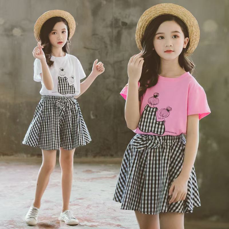 D-baby 3-10Y Girls suit  Kids Clothes White top+Gingham shorts 2Pcs Girls fashion set