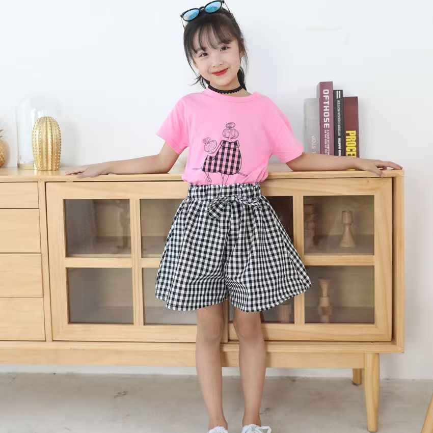 D-baby 3-10Y Girls suit  Kids Clothes White top+Gingham shorts 2Pcs Girls fashion set