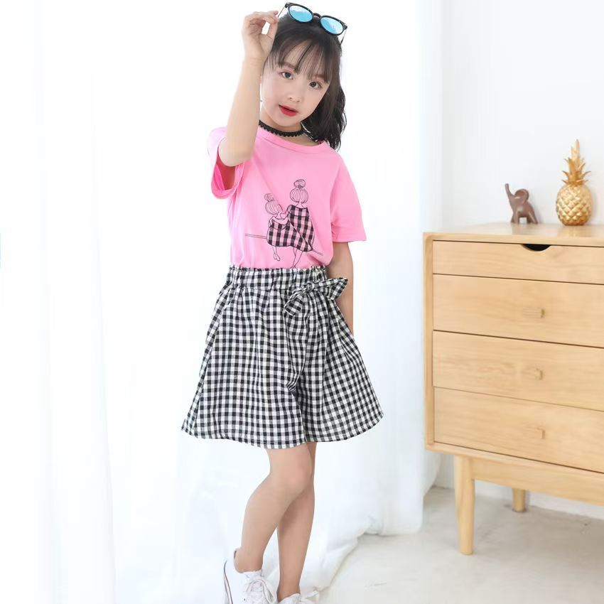 D-baby 3-10Y Girls suit  Kids Clothes White top+Gingham shorts 2Pcs Girls fashion set