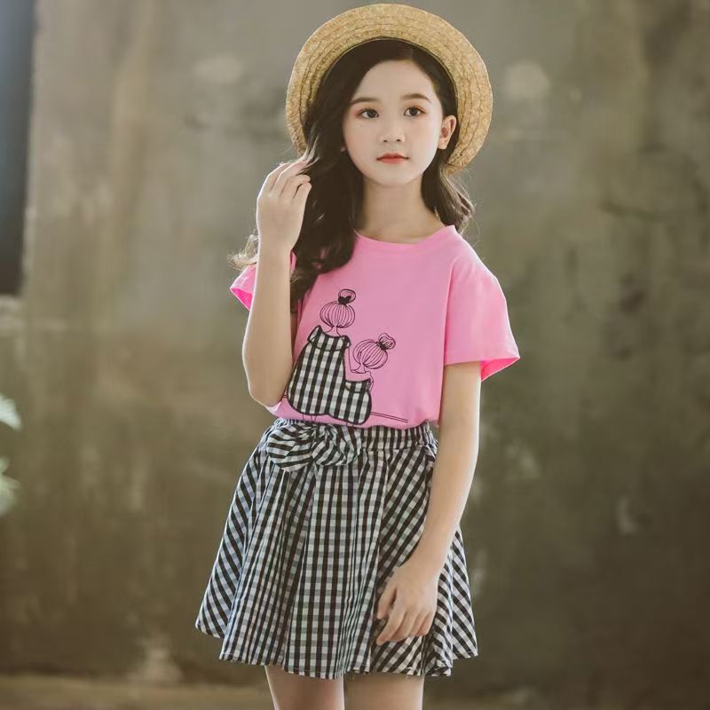 D-baby 3-10Y Girls suit  Kids Clothes White top+Gingham shorts 2Pcs Girls fashion set