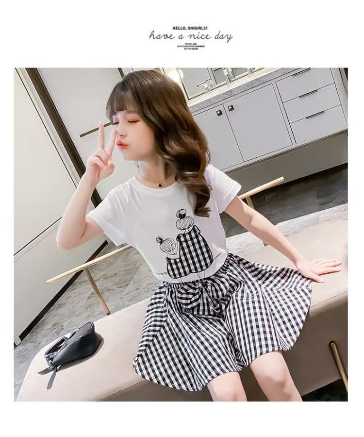 D-baby 3-10Y Girls suit  Kids Clothes White top+Gingham shorts 2Pcs Girls fashion set