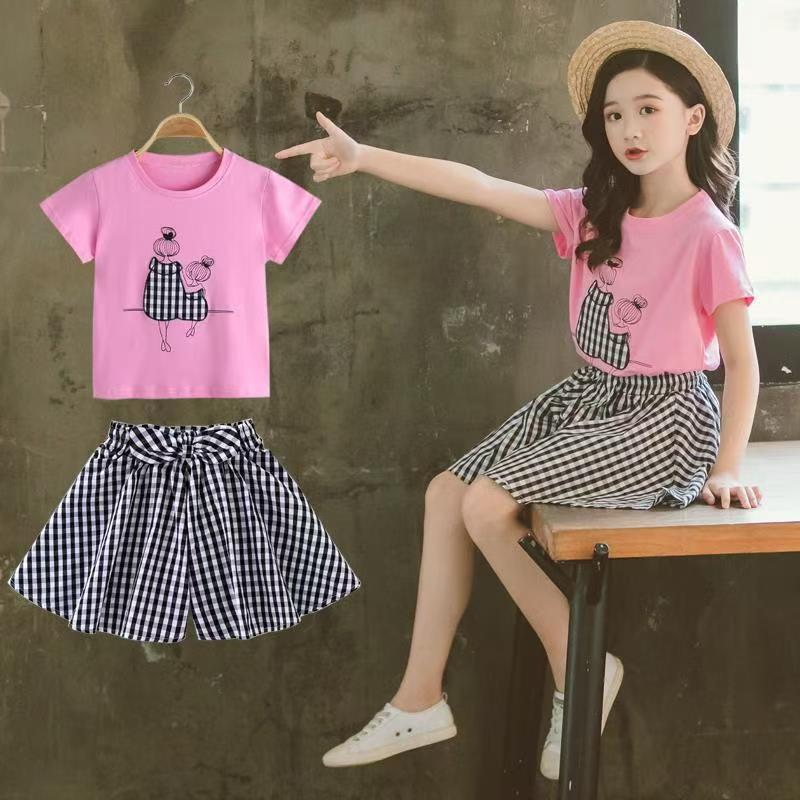 D-baby 3-10Y Girls suit  Kids Clothes White top+Gingham shorts 2Pcs Girls fashion set