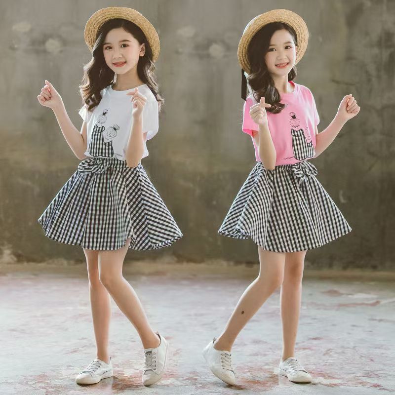 D-baby 3-10Y Girls suit  Kids Clothes White top+Gingham shorts 2Pcs Girls fashion set