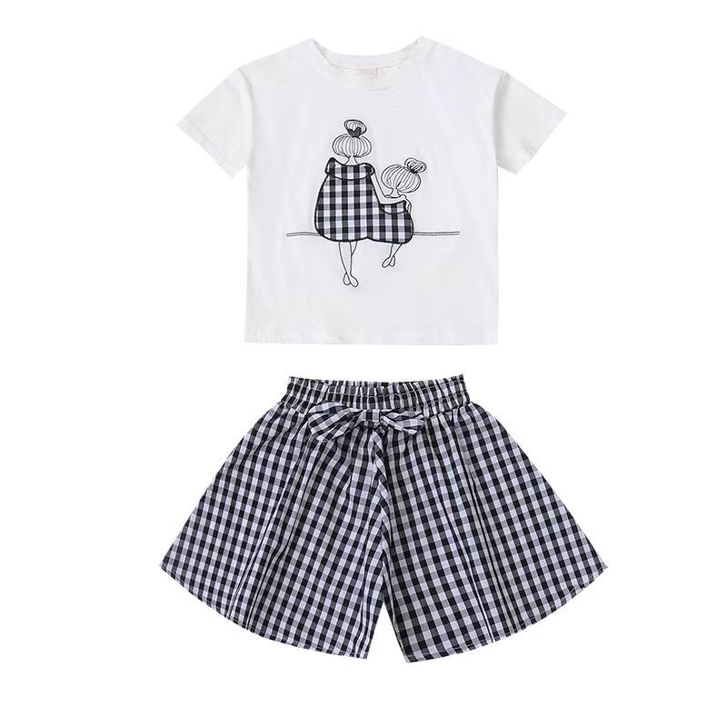 D-baby 3-10Y Girls suit  Kids Clothes White top+Gingham shorts 2Pcs Girls fashion set