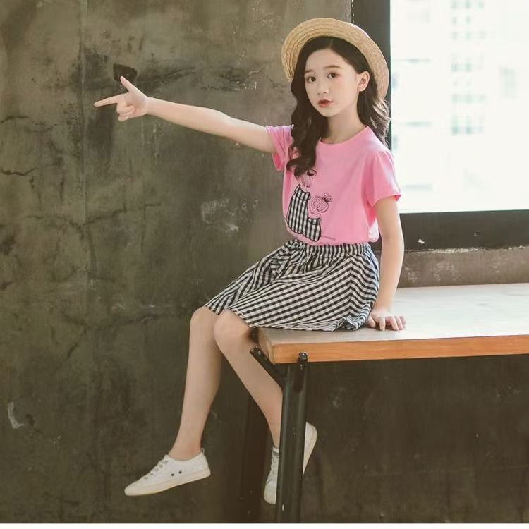 D-baby 3-10Y Girls suit  Kids Clothes White top+Gingham shorts 2Pcs Girls fashion set