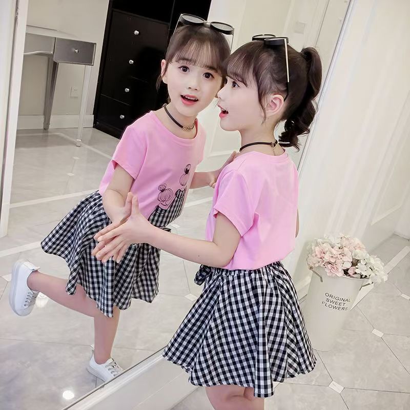 D-baby 3-10Y Girls suit  Kids Clothes White top+Gingham shorts 2Pcs Girls fashion set