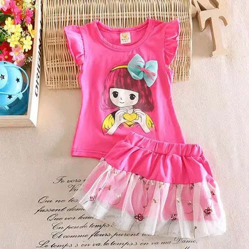 D-baby 1-4y Baby Girls Beautiful girl Printing Short Sleeve Tops+ Skirt 2PCS Set Outfits Clothes Girls Sweet Cute suit