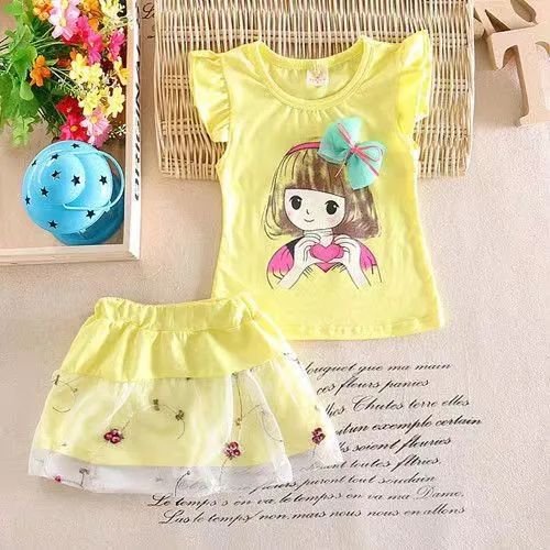 D-baby 1-4y Baby Girls Beautiful girl Printing Short Sleeve Tops+ Skirt 2PCS Set Outfits Clothes Girls Sweet Cute suit