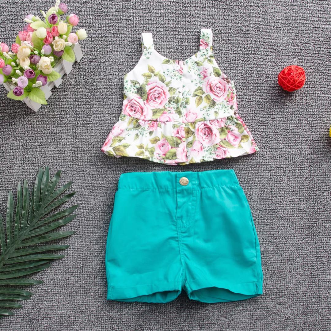D-baby Toddler Kids Baby Girls Sling Buttons Ruffle Flower Tops+Shorts Set Outfits Clothes 2PCS