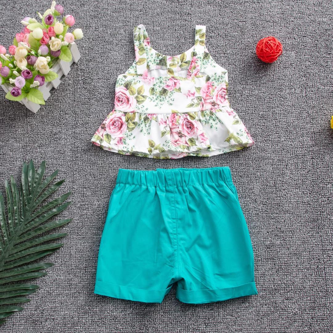 D-baby Toddler Kids Baby Girls Sling Buttons Ruffle Flower Tops+Shorts Set Outfits Clothes 2PCS