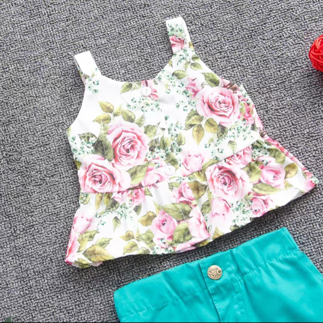 D-baby Toddler Kids Baby Girls Sling Buttons Ruffle Flower Tops+Shorts Set Outfits Clothes 2PCS