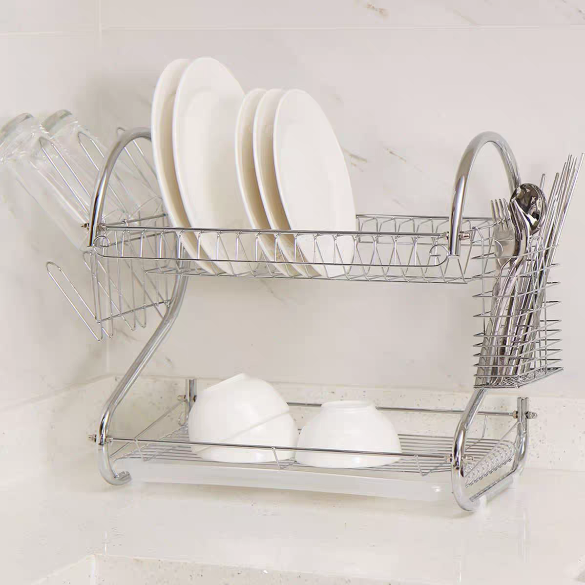 Sundabest 2-Layer Stainless Steel Dish Rack Kitchen Utensils Organizer （341001761）
